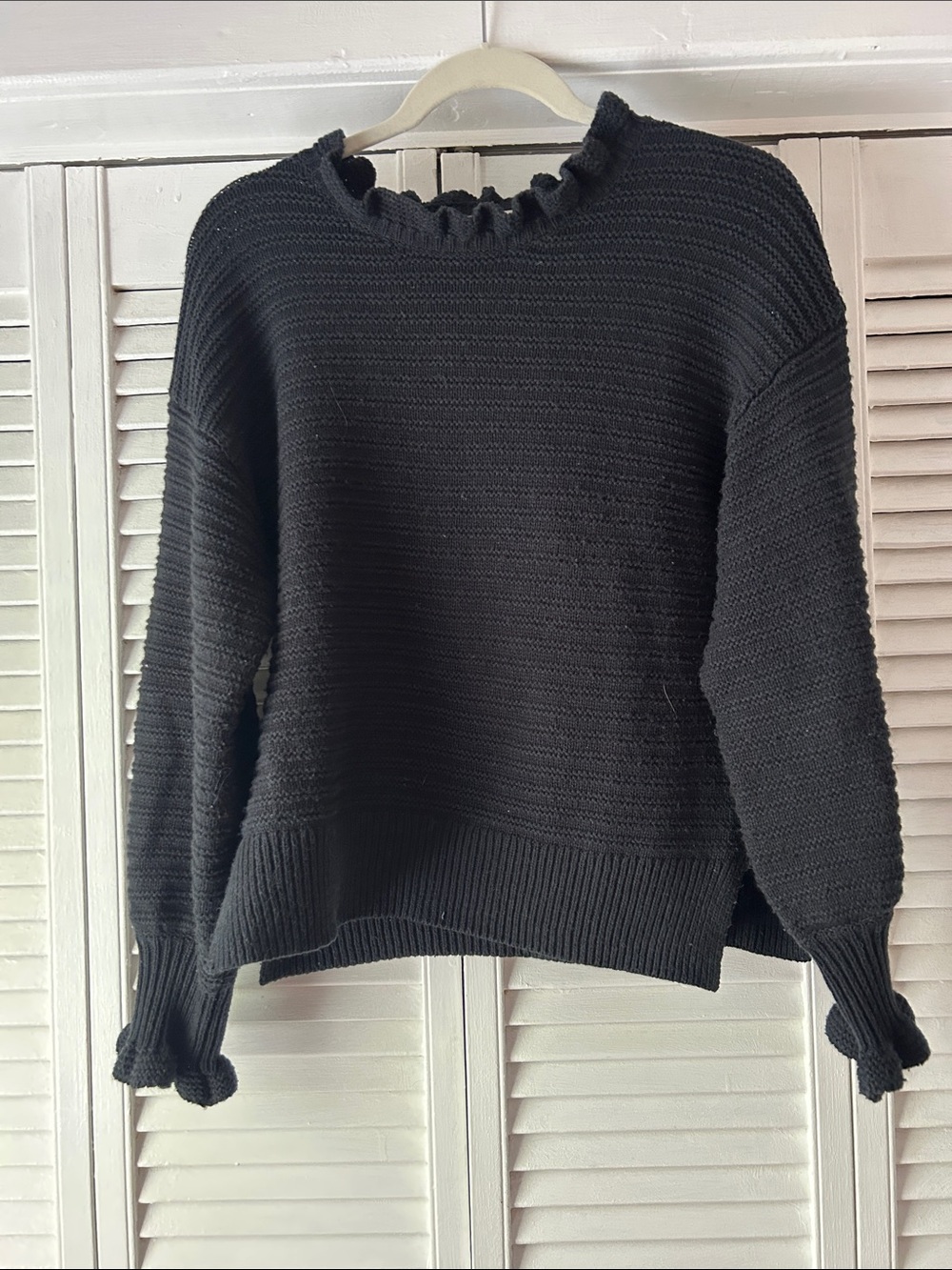Madewell Black Ruffle Neck Crew Sweater Merino Wool Cotton Bland